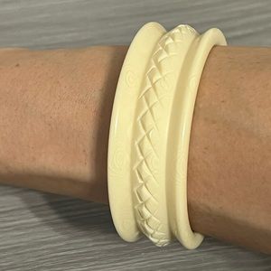 Vintage Plastic Bangel Bracelet, Ivory, Carved Design, Boho